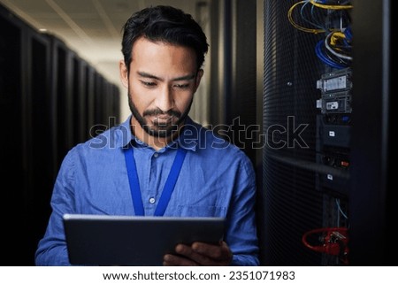 Tablet, man and engineer in server room on research for programming at night. Information technology, inspection and technician in data center reading, network maintenance or typing code for software