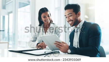 Tablet, meeting and partnership with business people working in an office as a team for research. Technology, planning or teamwork with a man and woman employee reading information in the workplace