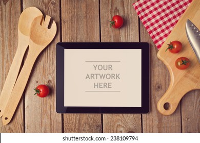 Tablet Mock Up Template With Cooking Utensil. View From Above