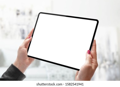 Tablet Mockup Close-up. Woman Holding Modern Tablet With Thin Edges. Isolated Screen In White For Ap Presentation