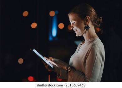 Tablet, night and businesswoman in city with research on finance stock market for risk report. Digital technology, email and female financial planner with investment for fintech revenue in town. - Powered by Shutterstock