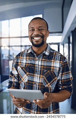 Tablet, office and portrait of happy business black man for research project, website and internet. Company startup, worker and person on digital technology for networking, planning and career