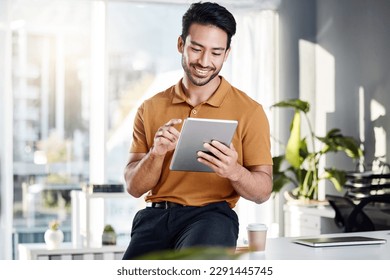 Tablet, office research and happy man typing UX web design, app wireframe development or monitor online software. SEO algorithm, web traffic statistics and person work on webdesign for website layout