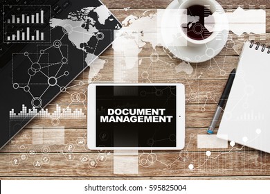 Tablet on desktop with document management text.