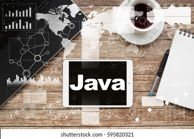 Tablet On Desktop With Java Text.