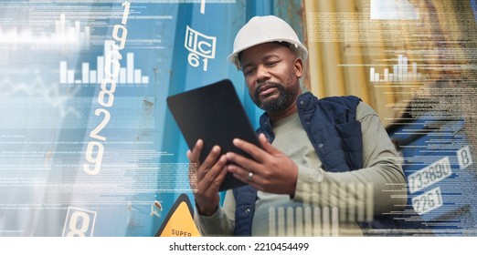 Tablet, overlay and black man in delivery logistics by containers working on the stock, cargo or inventory checklist. Industrial worker counting export numbers of freight for supply chain warehouse - Powered by Shutterstock