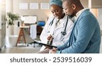 Tablet, patient and consultation with doctor for healthcare, insurance or exam results. African people, technology and medical professional explain treatment for wellness, checkup and help in clinic