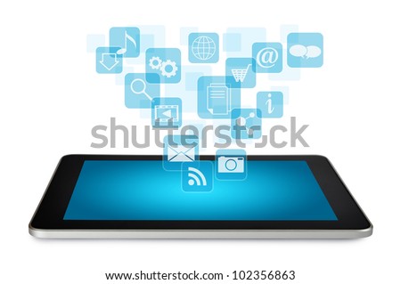 Tablet PC with cloud of application icons isolated on white background