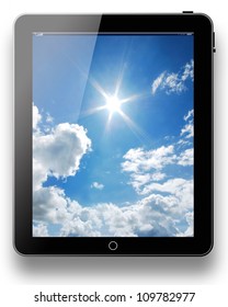 tablet pc computer modern technology touch for the future background black model with blue sky sunny sun background on white background for design