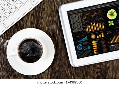 Tablet pc cup of coffee and notepad at table