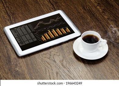 Tablet pc cup of coffee and notepad at table