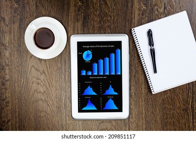 Tablet pc cup of coffee and notepad at table