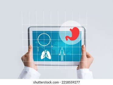 Tablet pc device with medicine interface screen in hands of doctor