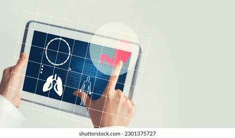 Tablet pc device with medicine interface screen in hands of doctor
