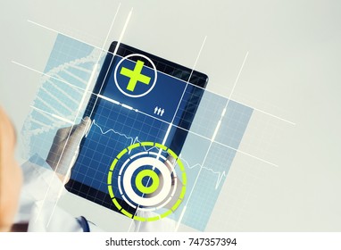 Tablet pc device with medicine interface screen in hands of doctor
