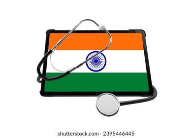 Tablet PC with India flag on screen and medical stethoscope, isolated on white background. Indian Medical Diagnostics and Healthcare System Concept - Shutterstock ID 2395446445
