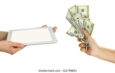 Tablet PC and money on hands- pawnshop concept