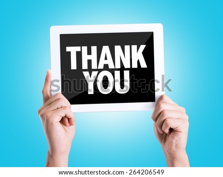 Tablet pc with text Thank You with blue background