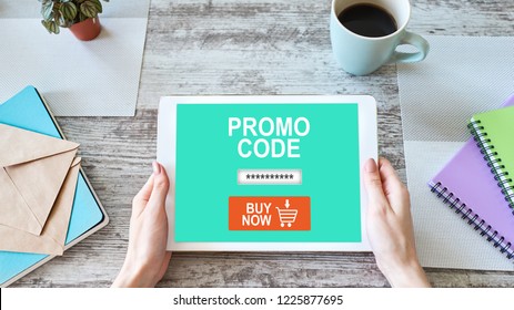 Tablet With Promo Code Field On Screen. E-commerce, Mobile Marketing Concept.