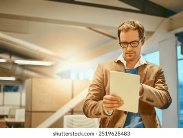 Tablet, reading and business man research for article, blog and planning ebook publication in startup. Technology, creative editor and working on app for design, feedback and review story manuscript