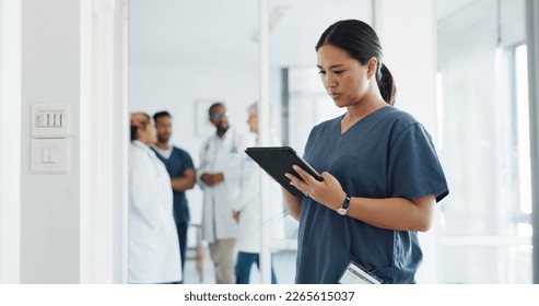 Tablet research, healthcare and woman doctor in hospital for telehealth. Digital technology, nurse and medical surgeon check mobile app for data analysis, online test results and clinic information - Powered by Shutterstock