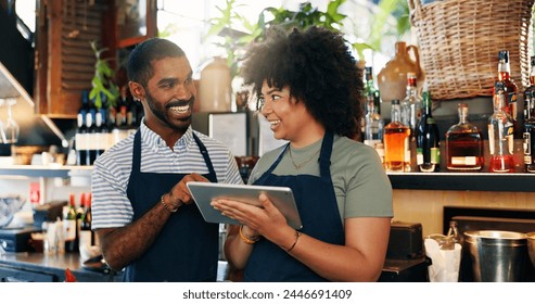 Tablet, restaurant bartender and happy people discussion on checklist for alcohol stock, store trade or inventory. Smile, small business team and entrepreneur collaboration on drinks supply chain - Powered by Shutterstock