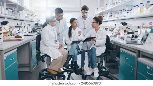 Tablet, science and group of people in laboratory for learning, cancer cure or medical development. Training, investigation and research with scientist team in clinical trial for medicine internship