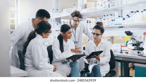 Tablet, science team and people learning for cancer cure, help or medical development in laboratory. Training, investigation or research info with scientists in clinical trial for medicine internship - Powered by Shutterstock