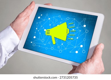 Tablet screen displaying a communication network concept