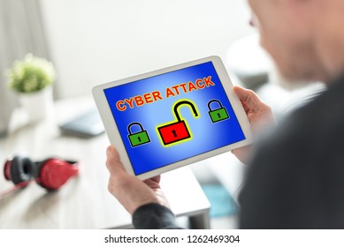 Tablet screen displaying a cyber attack concept