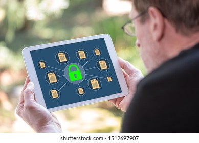 Tablet screen displaying a data protection concept