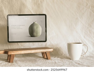 Tablet screen displaying pottery workshop, featuring hand-crafted ceramics. Ceramic vase on screen. Wooden stand and ceramic mug nearby. Pottery and ceramics theme. - Powered by Shutterstock