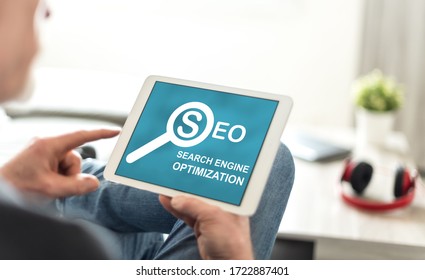 Tablet screen displaying a search engine optimization concept