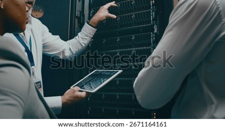 Tablet screen, hand and discussion in server room for code or system performance. People, technology and technician group in data center for network diagnostics, software analytics and IT maintenance