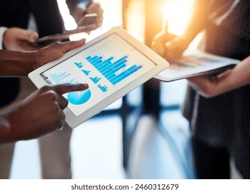 Tablet, screen and hands of business people with metrics, charts and graphs for productivity meeting. Data analysis, men and women with digital app for performance statistics, development or planning - Powered by Shutterstock