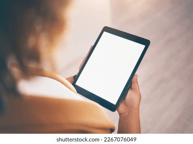 Tablet screen, mockup and woman hands for online research, data management app or business software. Person, worker or entrepreneur on digital technology with mock up space for design, logo or web - Shutterstock ID 2267076049