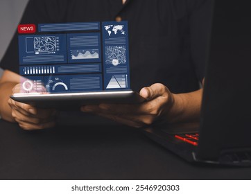 Tablet screen showcasing a futuristic digital dashboard with charts, graphs, world maps, and news updates. Perfect for business analytics, data visualization, and tech themes.