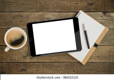 Tablet Similar To Ipades Style On Wood Desk On Top View