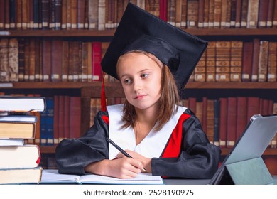 Tablet and student magister in school library for online research, studying and learning. Education, college academy, digital tech for knowledge, internet, website, University and scool.  - Powered by Shutterstock