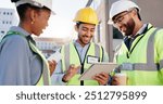 Tablet, team and construction engineers on site for city planning, maintenance or repairs. Discussion, contractor and group of civil employees with technology for renovation approval on town rooftop.