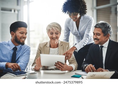 Tablet, teamwork and business people in office, planning and brainstorming with financial report. Group, startup and employees with tech, connection and broker with online, accounting and trading - Powered by Shutterstock