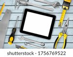 Tablet and tools with digital tablet, construction concept
