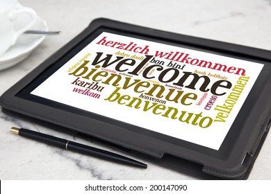 tablet with welcome word cloud