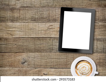 Tablet White Screen Similar To Ipad Display And Coffee On Old Wood Background