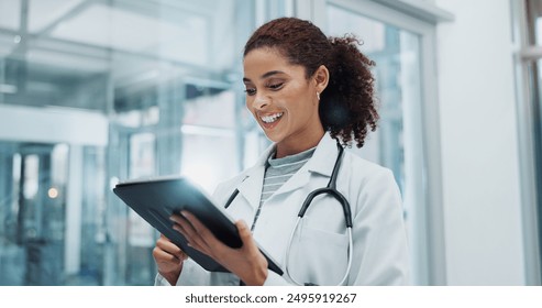 Tablet, woman and doctor with telehealth, research and wellness support at hospital with tech. Digital, smile and online medical advice with clinic app for planning and web results for consultation - Powered by Shutterstock