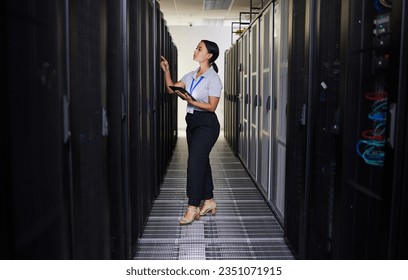 Tablet, woman and engineer in data center for inspection of programming hardware. Information technology, check and technician in server room, networking maintenance or code for system admin software - Powered by Shutterstock