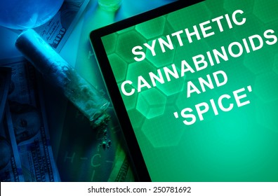 Tablet With Words Synthetic Cannabinoids And Spice. Drugs And Narcotics