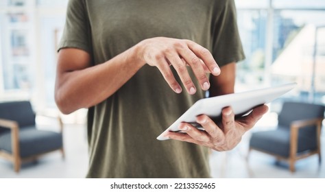 Tablet, Working And Business Man In A Digital Tech Company Office Using Technology. Seo, Big Data And Web Logistics Strategy Of An IT Startup Employee Planning A Internet Code For Innovation Growth