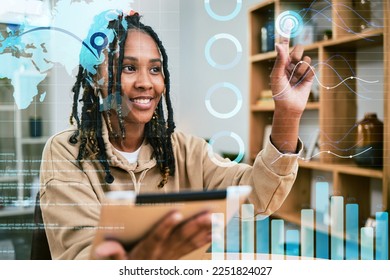 Tablet, world map data and woman pointing at digital info, globalization or online marketing education. Chart overlay, travel location data and black student with interactive hologram infographic - Powered by Shutterstock