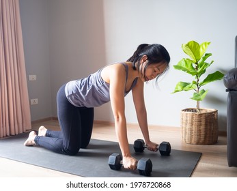 Tabletop All Fours Yoga Pose Asian Woman Home Workout Fitness Body Weight Exercise Pilates Health Training Sport Healthy Lifestyle Activity Wellness Care On Mat Indoors Natural Light Selective Focus